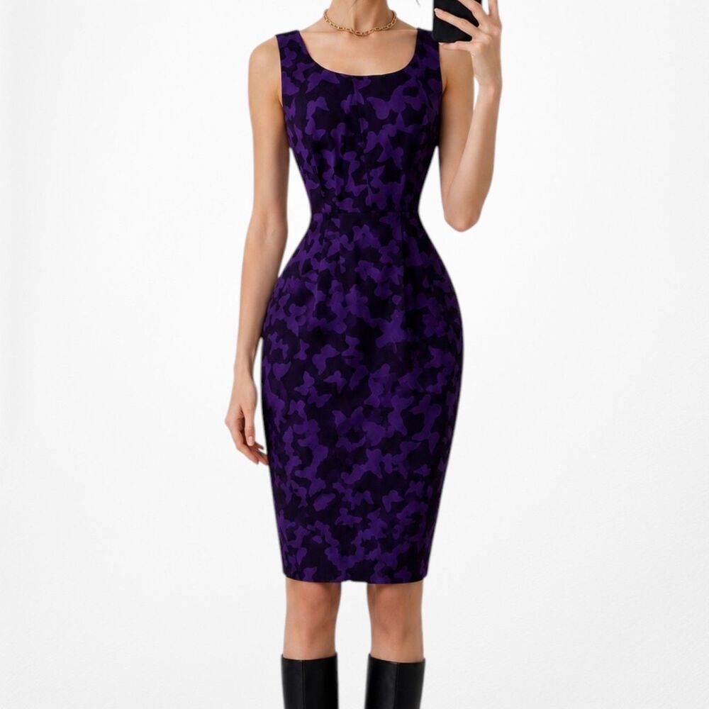 Vintage Y2K 90s Purple Sleeveless Printed Knee Length Cocktail Dress Size M